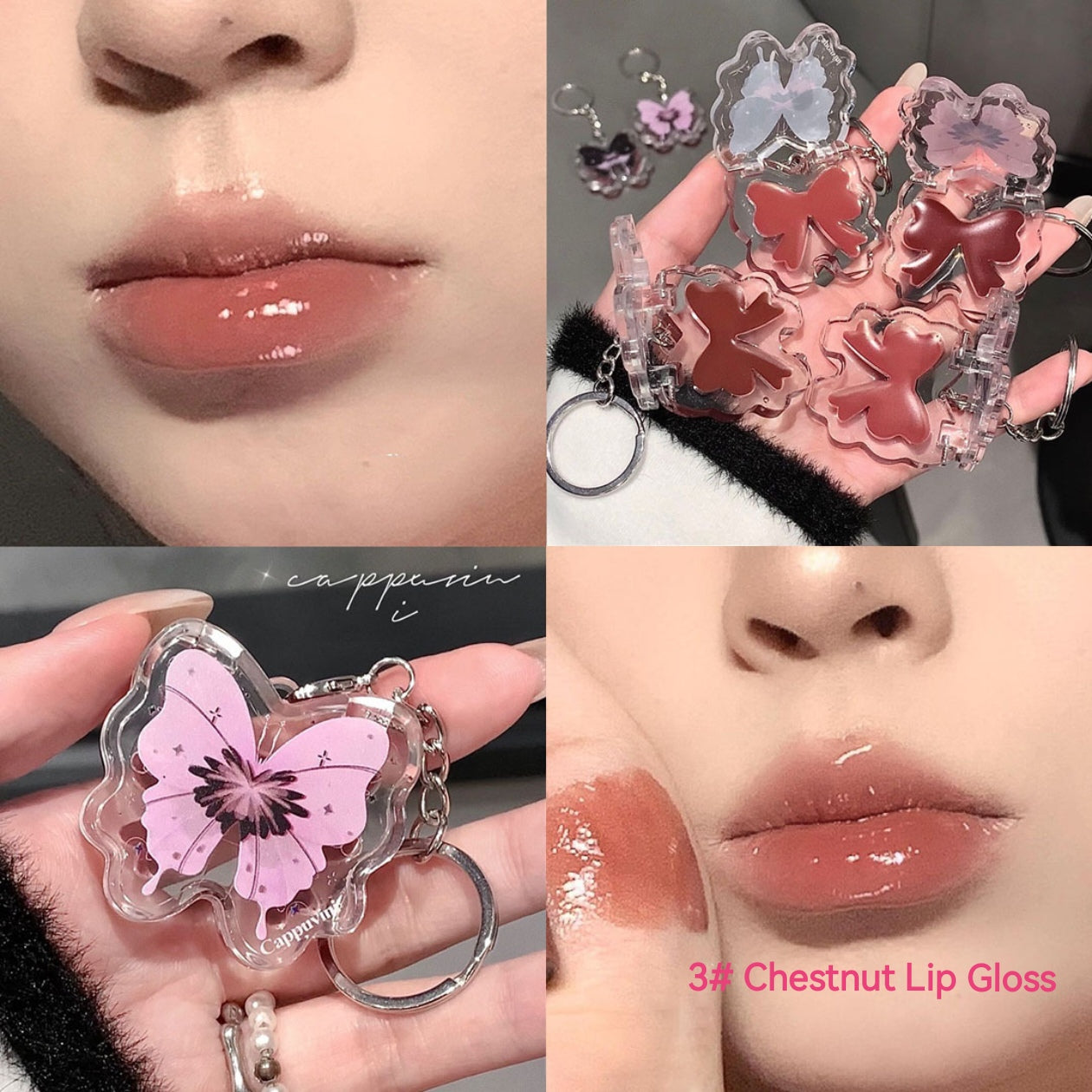 Cappuvini Butterfly Lip Gloss Keychain】A touch of shine, double the delight! It's a moisturizing, tinted solid lip gloss and an adorable, eye-catching butterfly accessory in one~