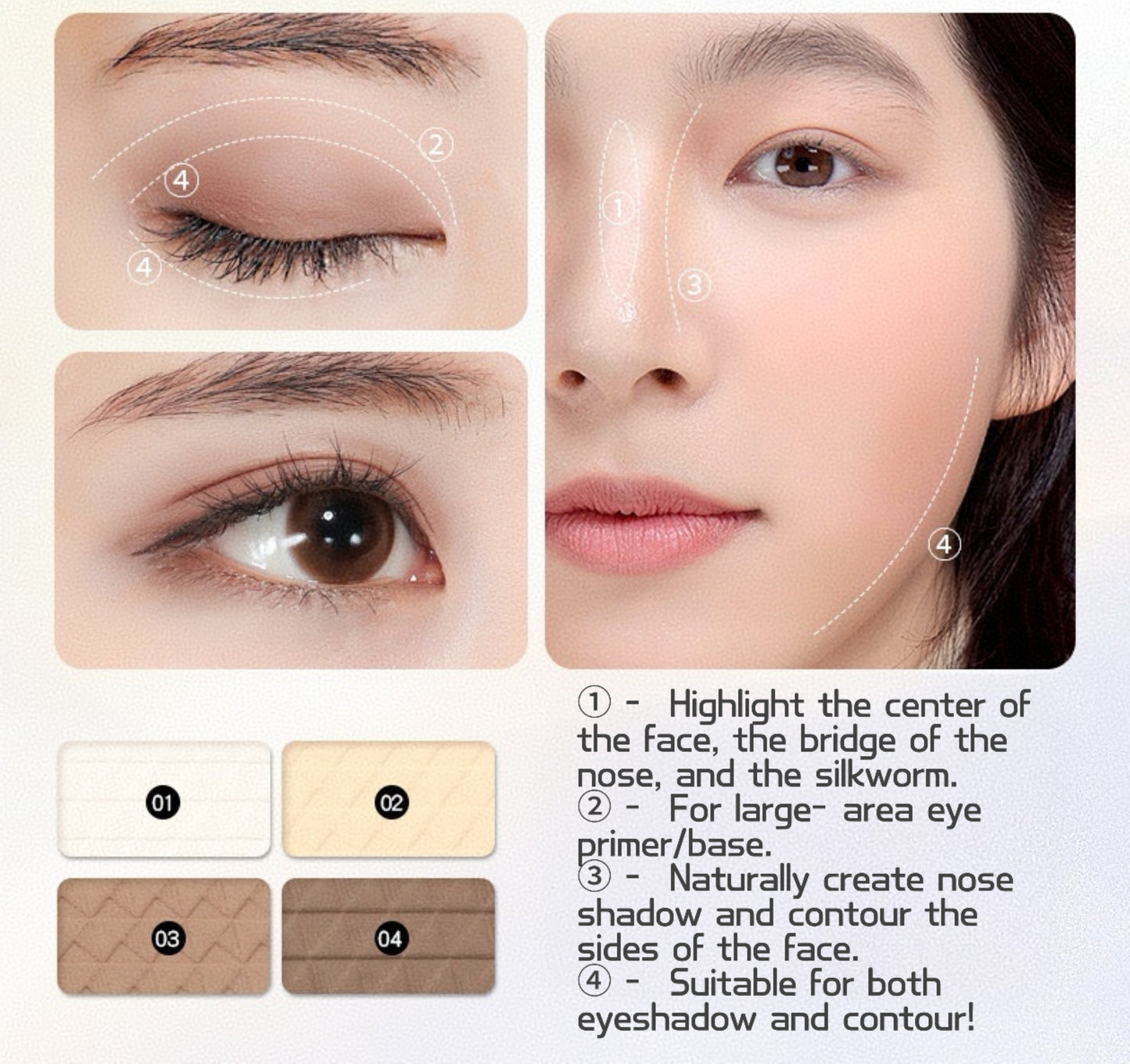 The Do-It-All Palette:Get Highlight, Contour, Eyeshadow & Blush Done. Achieve that sculpted, glam look.