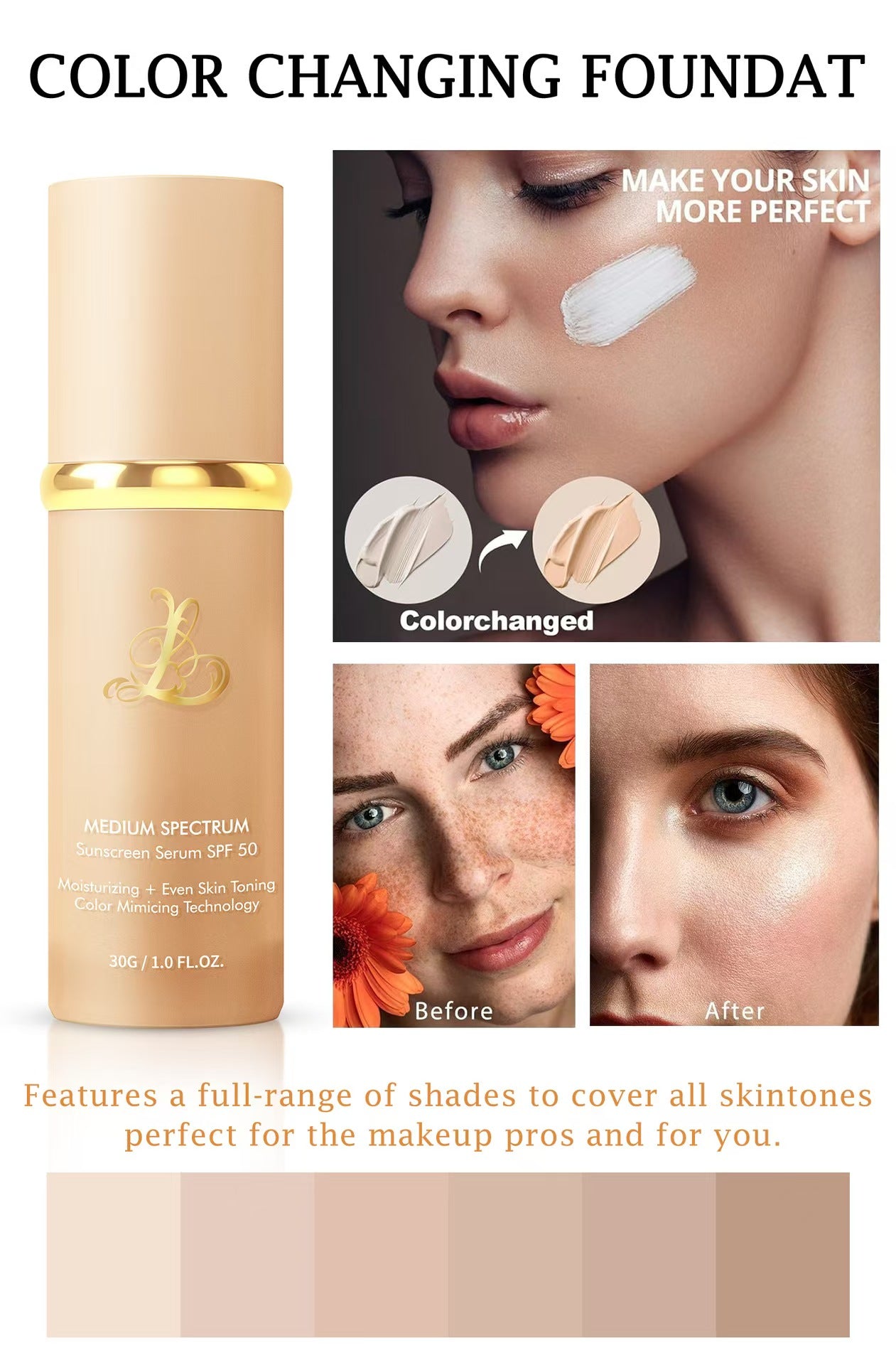Magic Skin Tint | Color-Adapting Foundation SPF 50 Buildable Coverage, Natural Glow For All Skin Tones • Hydrating • Streak-Free