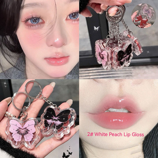 Cappuvini Butterfly Lip Gloss Keychain】A touch of shine, double the delight! It's a moisturizing, tinted solid lip gloss and an adorable, eye-catching butterfly accessory in one～
